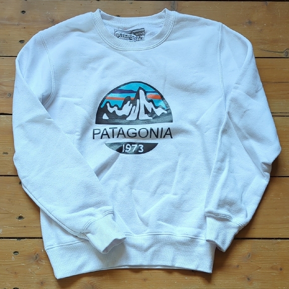 Patagonia Tops - 29-Patagonia White Crewneck Sweater with Mountain Logo